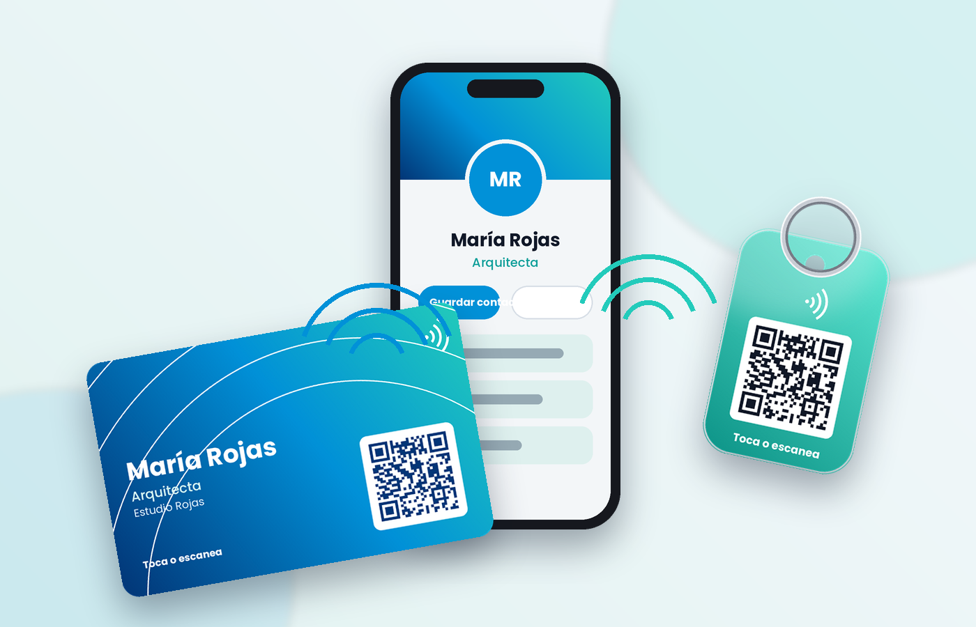 Tarjeta y llavero NFC junto a un celular